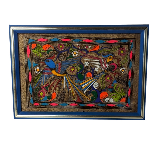 Vintage Other - Vintage Mexican Folk Art Painting Birds Flowers Amate Bark Paper Framed